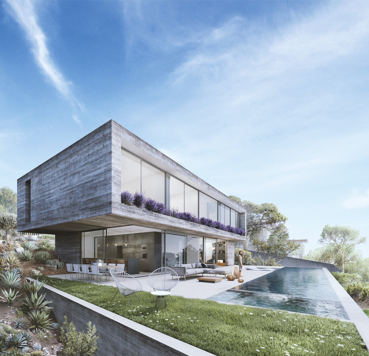 Modern betonnen huis met zwembad en uitzicht op zee, Palmanova, Calvia.